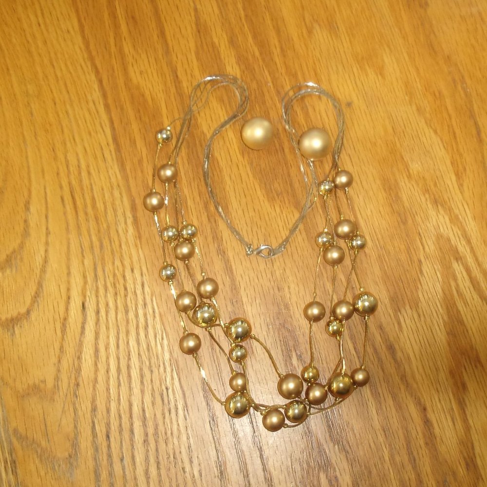 Necklace pierced earrings set shiny brushed 4 strands gold tone beads